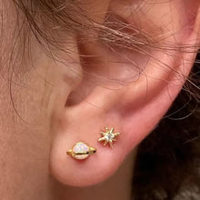 Load image into Gallery viewer, White Fire Opal Earrings 18k Gold Plated Planet Saturn Stud Earrings