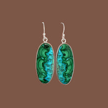 Load image into Gallery viewer, Malachite in Chrysocolla Earrings in elongated oval shape Sterling Silver Frames