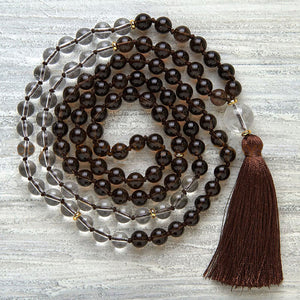 Clear Quartz and Smoky Quartz Mala Prayer Beads Knotted 8mm Beads