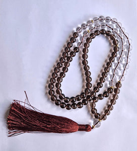 Clear Quartz and Smoky Quartz Mala Prayer Beads Knotted 8mm Beads