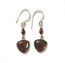 Load image into Gallery viewer, Red Labradorite Triangular Earrings with Smooth Garnet Accents