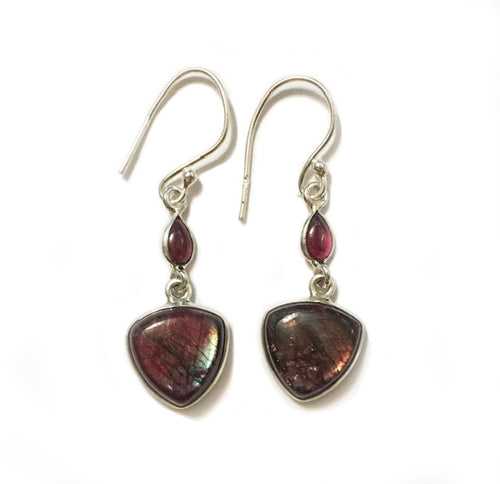 Red Labradorite Triangular Earrings with Smooth Garnet Accents