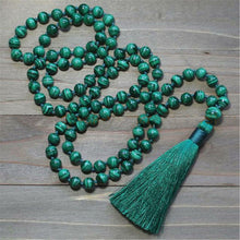 Load image into Gallery viewer, Malachite Mala with Forest Green Silk Tassel and 8.2mm beads