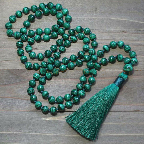 Malachite Mala with Forest Green Silk Tassel and 8.2mm beads