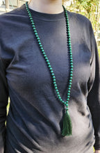 Load image into Gallery viewer, Malachite Mala with Forest Green Silk Tassel and 8.2mm beads