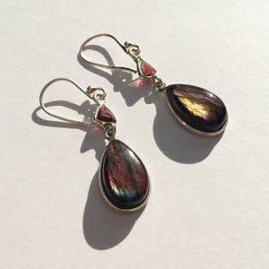 Red Labradorite Earrings with Faceted Garnet Accents - Pear Shape Stones