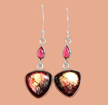 Load image into Gallery viewer, Red Labradorite Triangular Earrings with Smooth Garnet Accents