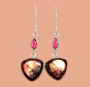 Red Labradorite Triangular Earrings with Smooth Garnet Accents