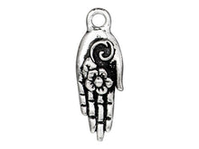 Load image into Gallery viewer, Blossom Hand silver plated pewter charm with antique finish