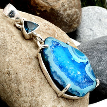 Load image into Gallery viewer, Botswana Agate Druzy Geode Pendant slice with a Blue Topaz