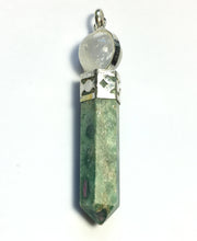Load image into Gallery viewer, Clear Quartz mini sphere and 6 sided Ruby in Fuchsite point pendulum pendant