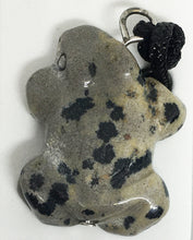 Load image into Gallery viewer, Dalmatian Stone Frog Pendant aka Dalmatian Jasper Frog Amulet on Black Cord aka Frog Fetish in large size