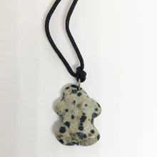 Load image into Gallery viewer, Dalmatian Stone Frog Pendant aka Dalmatian Jasper Frog Amulet on Black Cord aka Frog Fetish in large size
