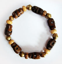 Load image into Gallery viewer, Yak Bone Skull Beads, Olive Wood and Brass Rondelle Beads Stretch Wrist Mala Bracelet