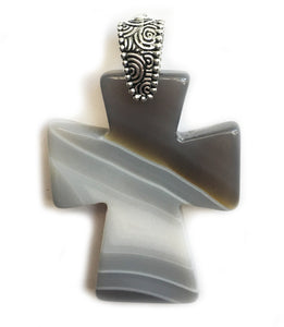 Onyx pendant cross in dreamy gray with sterling silver Art Deco style bail
