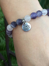 Load image into Gallery viewer, February Birthstone Amethyst and Rose Quartz Bracelet with sterling silver spacers and lotus charm