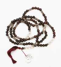 Load image into Gallery viewer, Spessartine Garnet and Rutilated Quartz Om Mala 6mm Prayer Beads