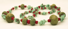 Load image into Gallery viewer, Green Calcite, Turquoise, Clear Quartz and Red Glass Beaded Necklace