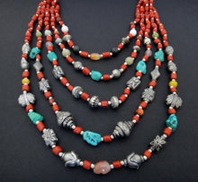 Load image into Gallery viewer, Himalayan Treasures Necklace of Tibetan Turquoise, Coral, Carnelian, Jade and Sterling Silver