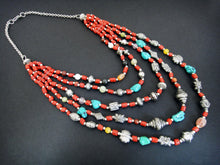Load image into Gallery viewer, Himalayan Treasures Necklace of Tibetan Turquoise, Coral, Carnelian, Jade and Sterling Silver