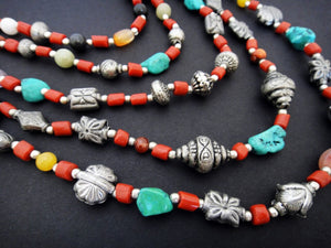 Himalayan Treasures Necklace of Tibetan Turquoise, Coral, Carnelian, Jade and Sterling Silver