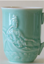Load image into Gallery viewer, Celadon Green Glazed Porcelain Reclining Quan Yin Mug with Lotus Lid