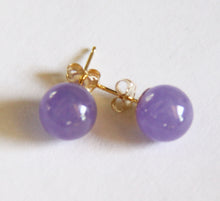Load image into Gallery viewer, Lavender Jade Earrings 10mm Round 14k Gold Plated Sterling Silver