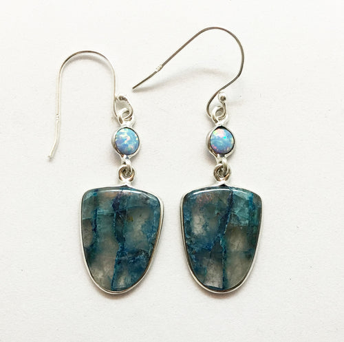 Lightning Azurite with Quartz Silver Earrings with Fire Opal Accents