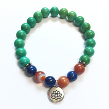 Load image into Gallery viewer, May Birthstone Bracelet Chrysocolla with Carnelian, Lapis and sterling silver spacers and lotus charm