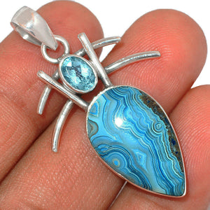 Mexican Laguna Crazy Lace Agate Pendant with Blue Topaz
