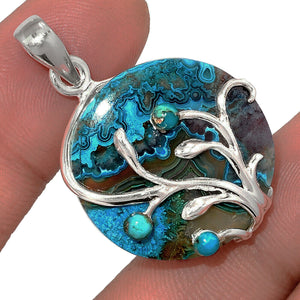 Blue Crazy Lace Agate Pendant in Sterling Silver Vine Setting