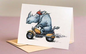 Rhino on Motorcycle Illustration Blank Greeting Card