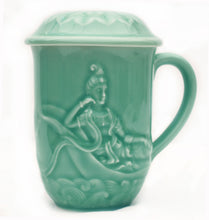 Load image into Gallery viewer, Celadon Green Glazed Porcelain Reclining Quan Yin Mug with Lotus Lid