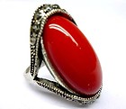 Load image into Gallery viewer, Red Coral Ring in Marcasite Studded Setting - Size 6-1/2