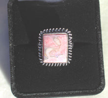 Load image into Gallery viewer, Rhodochrosite Ring with squiggle sterling silver plated copper size 7.25 ring setting - a master balancing crystal