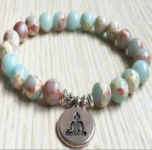 Load image into Gallery viewer, Aqua Sea Sediment December Birthstone Bracelet with Seated Buddha Charm