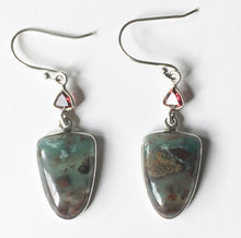 Load image into Gallery viewer, Aquamarine in Sunstone Earrings with Garnets in sterling silver frames