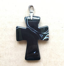 Load image into Gallery viewer, Black Onyx Cross with sterling silver Art Deco style torch bail