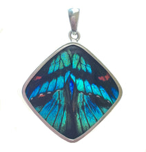 Load image into Gallery viewer, Butterfly Wing Pendant Blue Flash in sterling silver diamond shape