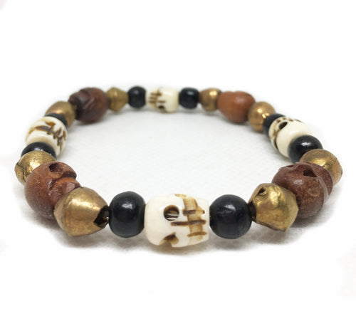 Bone and Boxwood Skull Beads Mala Bracelet with Brass and Ebony Beads