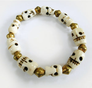 Yak Bone Skull Beads Mala Bracelet with Round Brass Beads