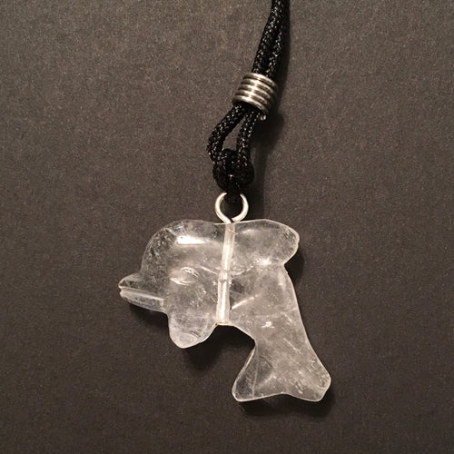Clear Quartz Dolphin Pendant Necklace on Black Cord aka Dolphin Fetish