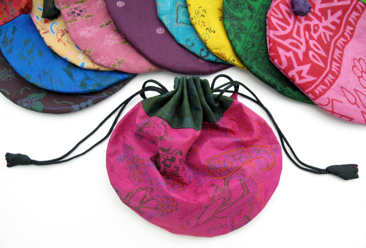 Small Silk Sari Drawstring Bags