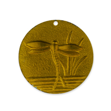 Load image into Gallery viewer, Dragonfly Disc Charm in Brass with teal green Patina