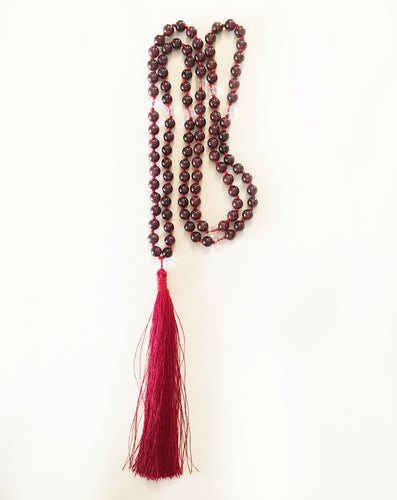 Garnet and Clear Quartz Gemstone Mala Beads with Claret Red Tassel