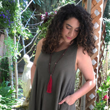 Load image into Gallery viewer, Garnet and Clear Quartz Gemstone Mala Beads with Claret Red Tassel