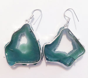 Azure Green Agate Druzy Geode Slice Earrings in Sterling Silver