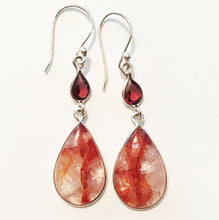 Load image into Gallery viewer, Orange Elestial Quartz Earrings in Sterling Silver Frame with Garnet Gemstones
