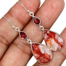 Load image into Gallery viewer, Orange Elestial Quartz Earrings in Sterling Silver Frame with Garnet Gemstones