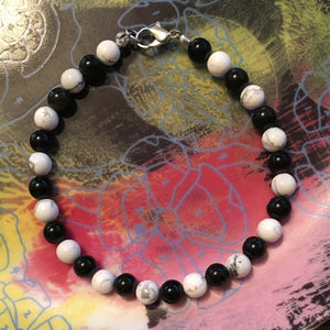 Howlite and Obsidian 6.5mm Round Bead Bracelet 8" with Sterling Silver Clasp